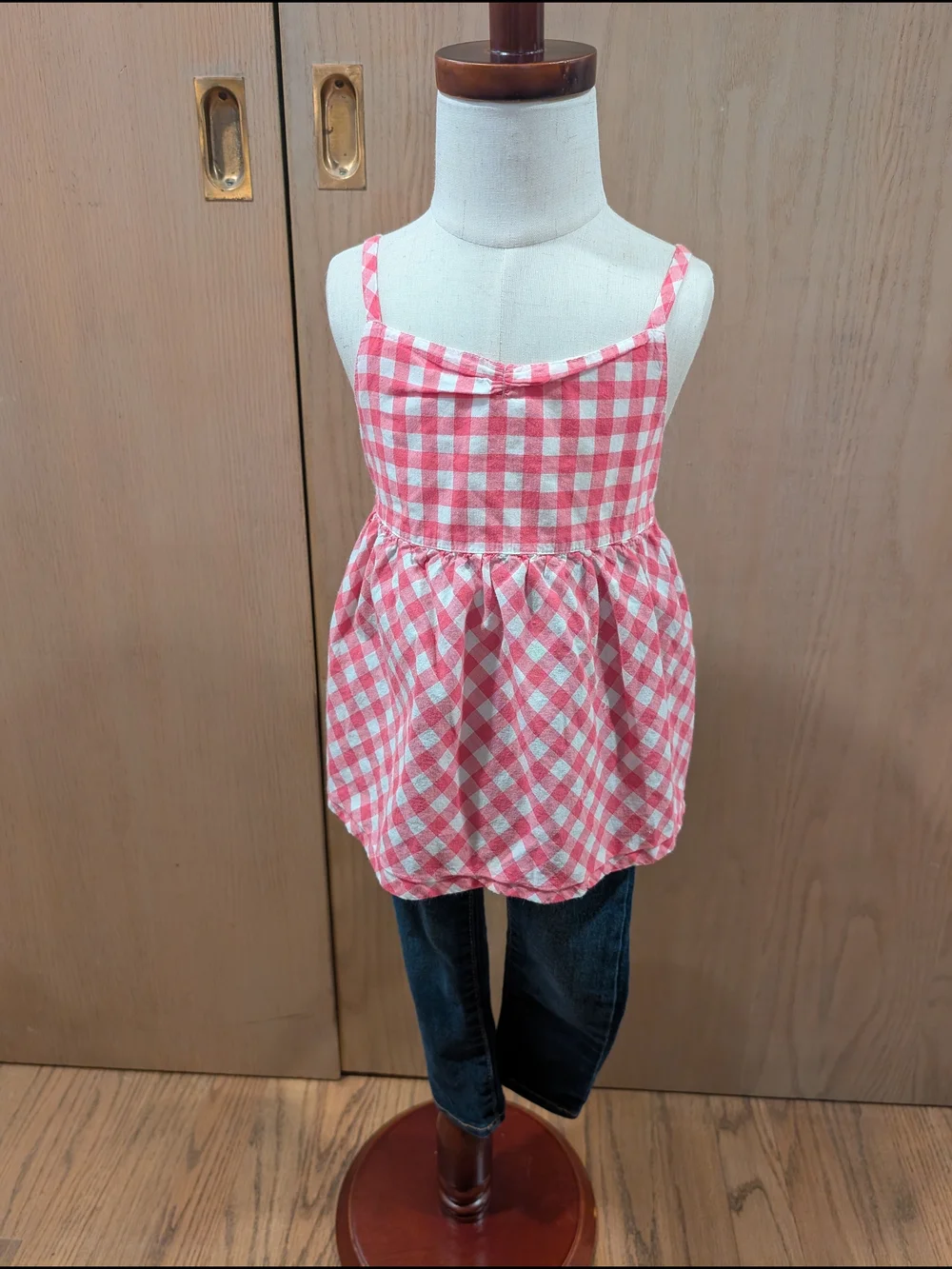 Old Navy 3T Girls Pink Gingham Tank Top with Denim Vest And Jeggings Outfit